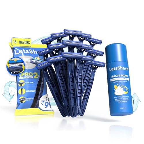 LetsShave Pro 2 Plus Disposable Razor for Men - Pack of 15 + Shave Foam | Twin Stainless Steel Blade Disposable Razor with Pivoting Head | Made in South Korea | Open Flow Cartridge with Safety Cap - Image 1