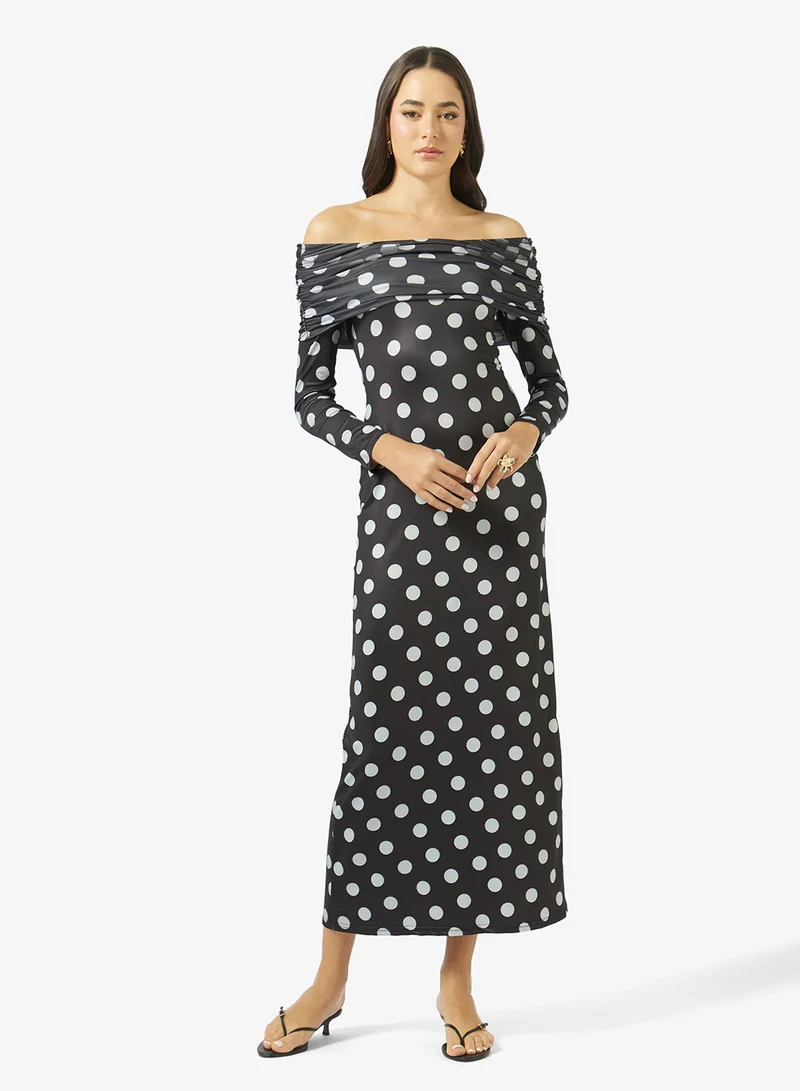 Ginger Off Shoulder Polka Dot A Line Dress