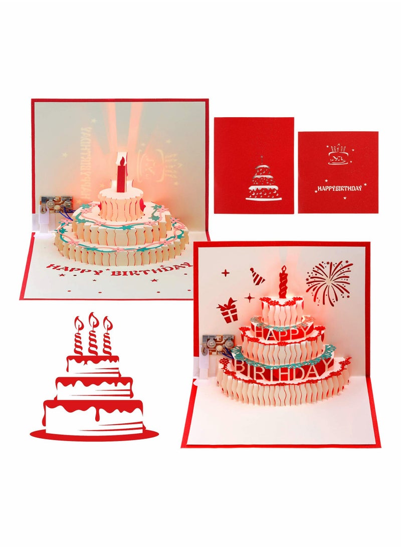 Generic 2 Packs 3D Musical Happy Birthday Cards with LED Light Handmade Greeting Cards for Kids Family Friends Red Envelopes Included  - Image 1