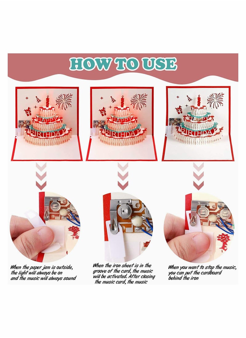 Generic 2 Packs 3D Musical Happy Birthday Cards with LED Light Handmade Greeting Cards for Kids Family Friends Red Envelopes Included  - Image 5