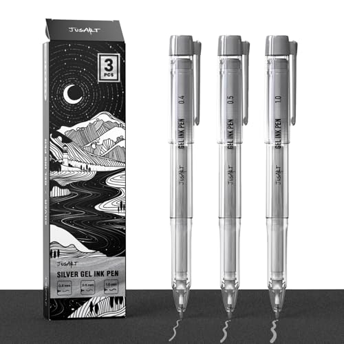 JusArt Silver Pens with 0.4mm, 0.5mm & 1.0mm Assorted Tips, Opaque Ink Gel Pens for Black Paper, Drawing, Journaling & DIY Crafts, Ideal Drawing Pens for Artists & Art Supplies, 3 Pack - Image 1