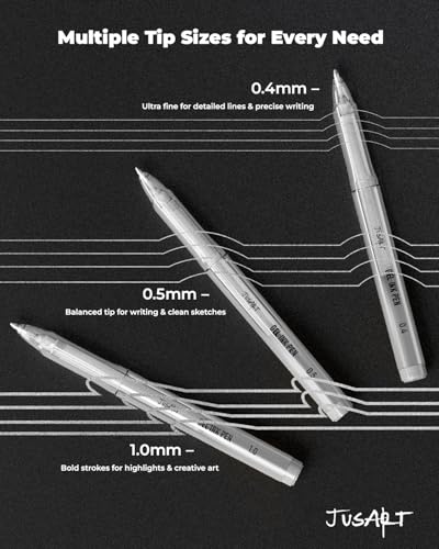 JusArt Silver Pens with 0.4mm, 0.5mm & 1.0mm Assorted Tips, Opaque Ink Gel Pens for Black Paper, Drawing, Journaling & DIY Crafts, Ideal Drawing Pens for Artists & Art Supplies, 3 Pack - Image 2