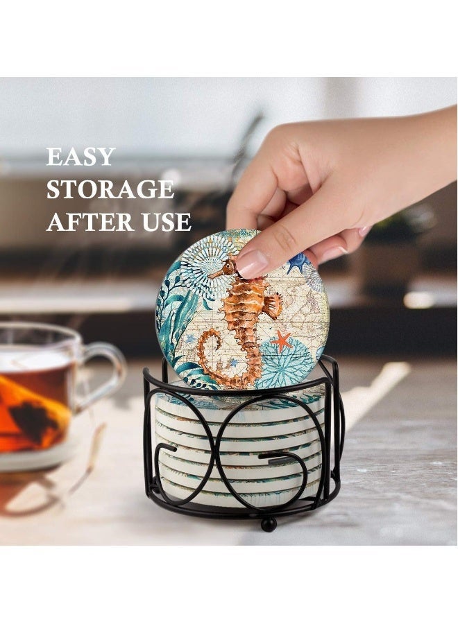 Absorbent Cork Coaster Marine Style,cork Base with Holder,oastal Decor Beach Theme Tropical for Housewarming Apartment Kitchen Bar Decor, for Wooden Table Coffee Table,set of 8