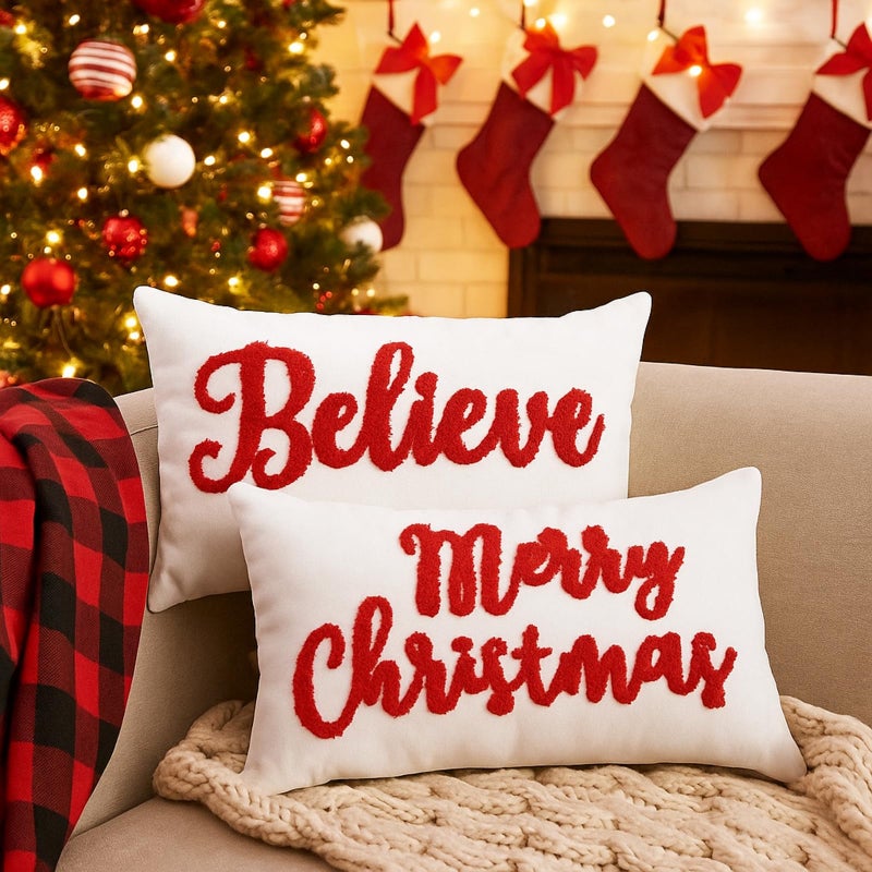 Jetec Set of 2 Christmas Throw Pillow Covers 12x20 Inch Merry Christmas Believe Embroidery Pillow Covers Farmhouse Throw Cushion Case for Home Living Room Bedroom Holiday Parties and Gifts - Image 2