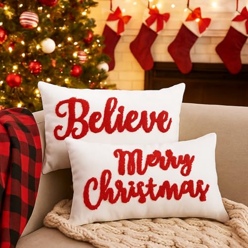 Jetec Set of 2 Christmas Throw Pillow Covers 12x20 Inch Merry Christmas Believe Embroidery Pillow Covers Farmhouse Throw Cushion Case for Home Living Room Bedroom Holiday Parties and Gifts - Image 1