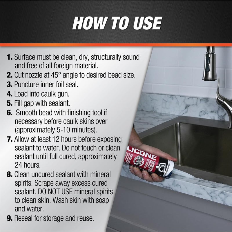 Dap 100% Silicone Rubber Kitchen, Bath & Plumbing Bath Sealant, Clear, 9.8 Oz (7079808648) - Image 3