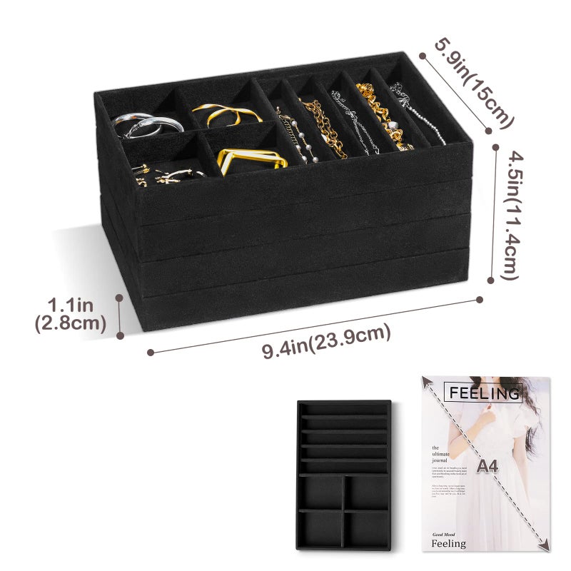 ProCase Stackable Jewelry Organizer Trays for Drawers, Jewelry Drawer Inserts Container Display Case Storage for Earring Necklace Rings Bracelet with Removable Dividers -Allblack, 4 Layers - Image 2