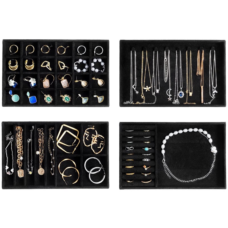 ProCase Stackable Jewelry Organizer Trays for Drawers, Jewelry Drawer Inserts Container Display Case Storage for Earring Necklace Rings Bracelet with Removable Dividers -Allblack, 4 Layers - Image 1