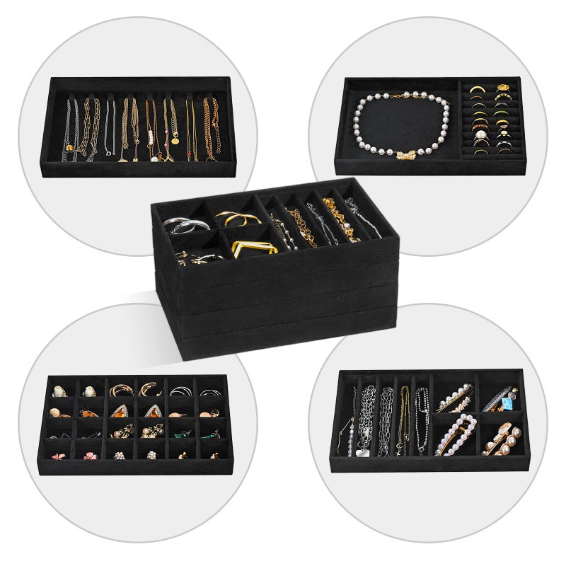 ProCase Stackable Jewelry Organizer Trays for Drawers, Jewelry Drawer Inserts Container Display Case Storage for Earring Necklace Rings Bracelet with Removable Dividers -Allblack, 4 Layers - Image 4