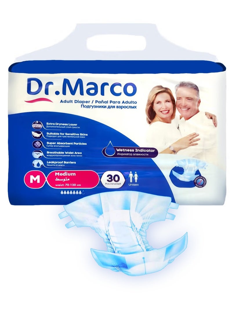 Dr. Marco Adult Diaper, Medium Size, 30 Count Turkish Made Diaper with Extra Dryness Layer and Wetness Indicator  - Image 1