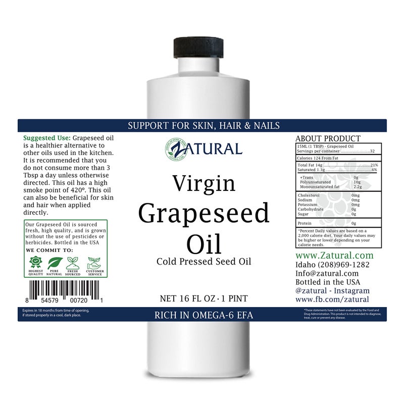 Zatural 100% Pure Cold Pressed Grapeseed Oil â€“ Naturally Grown Virgin, High Smoke Point 450Â°F+, Non-GMO, Perfect for Cooking Frying Baking, Dressings Marinades & Skincare Hair (16 Fl oz) - Image 3