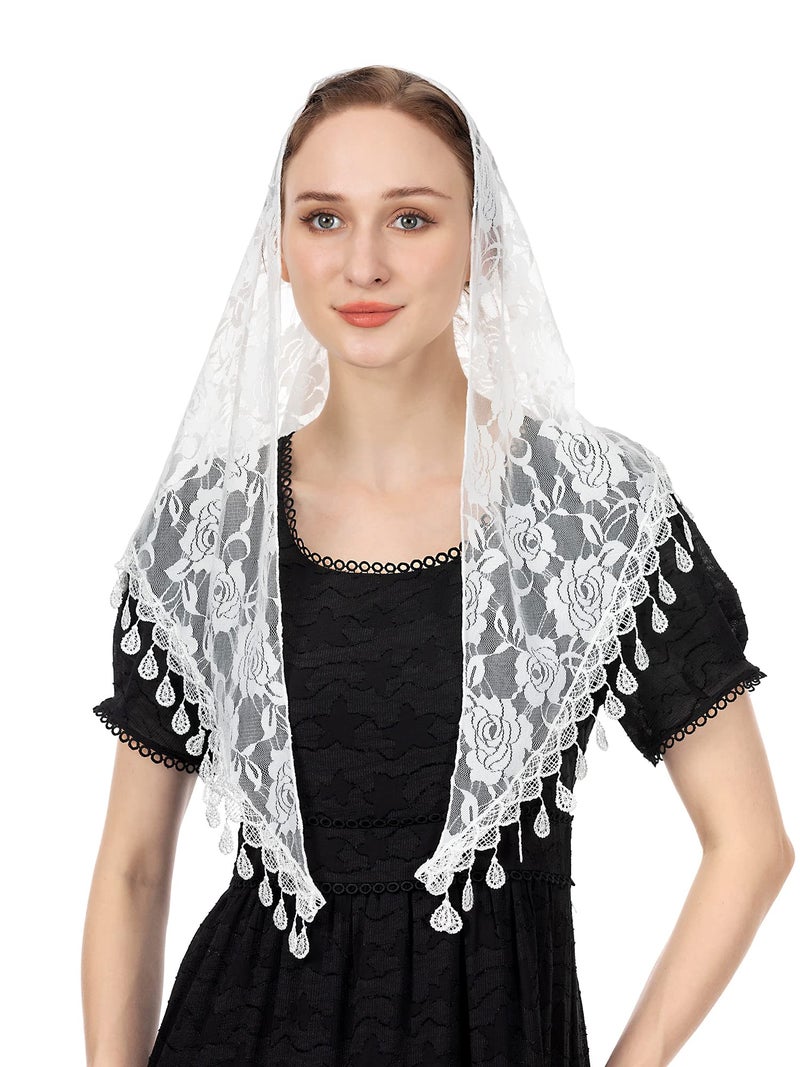 Wgior Triangle Lace Chapel Veil for Church - Catholic Mass Head Covering Scarf Mantilla for Women (White) - Image 1