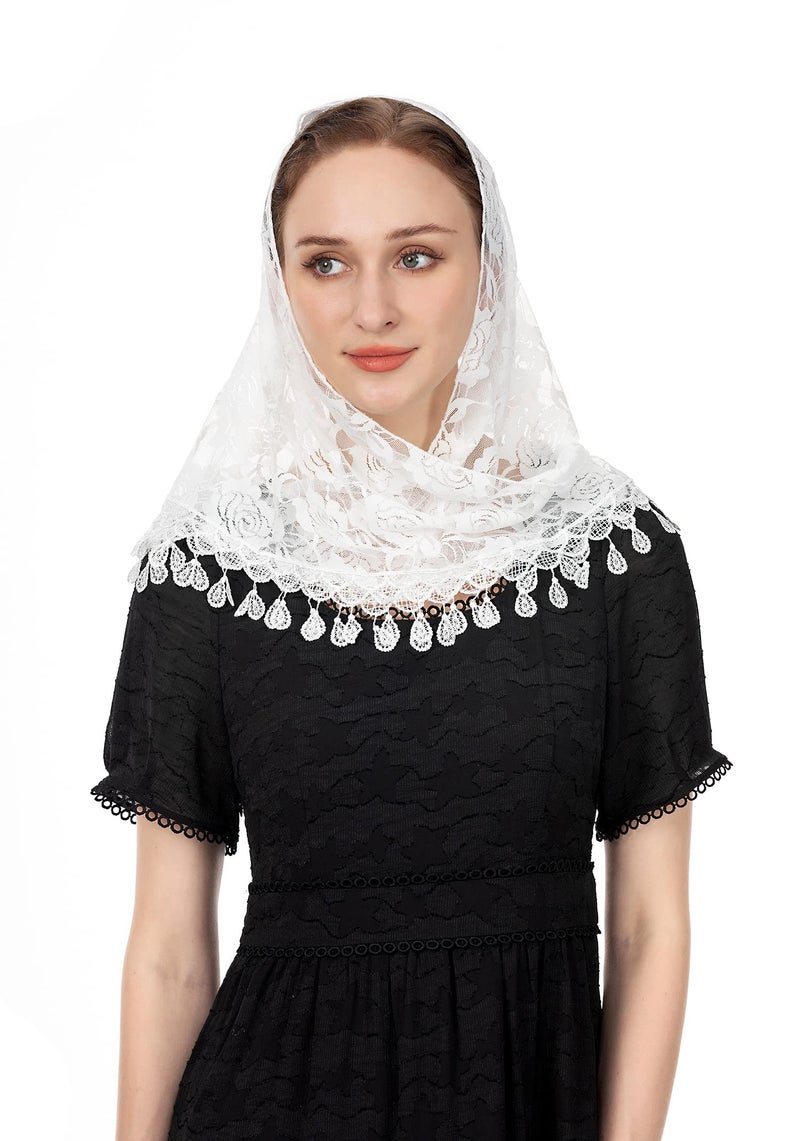 Wgior Triangle Lace Chapel Veil for Church - Catholic Mass Head Covering Scarf Mantilla for Women (White) - Image 3