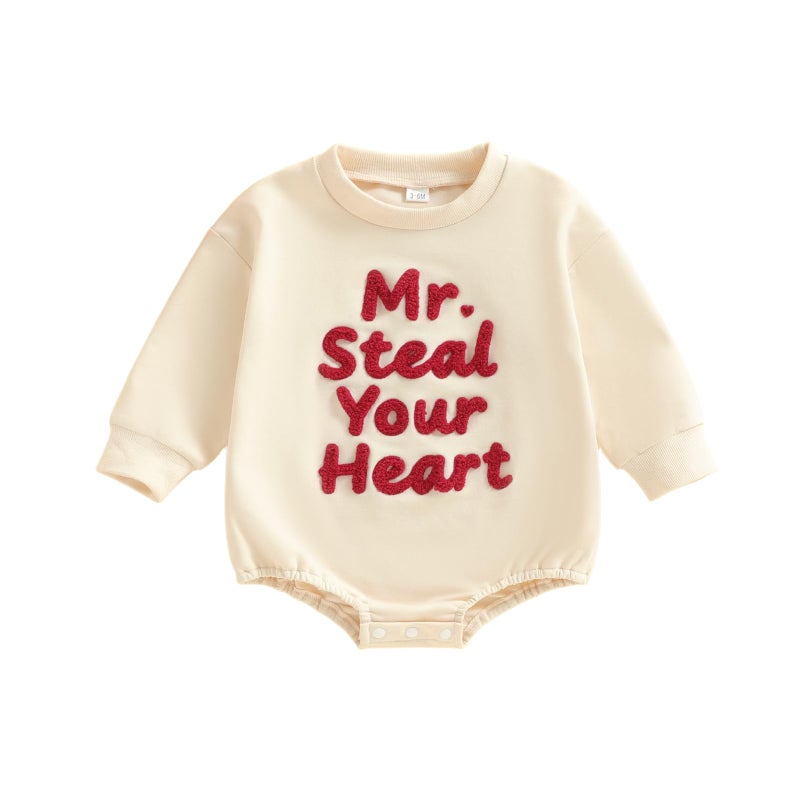 Lucikamy Newborn Baby Boy Girl Valentine's Day Outfits Sweatshirt Romper Infant Long Sleeve One Piece Romper Spring Clothes (beige steal heart, 0-3 Months) - Image 1