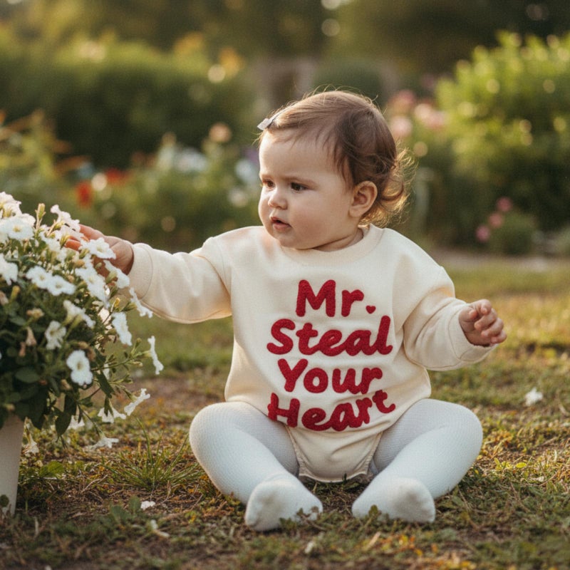 Lucikamy Newborn Baby Boy Girl Valentine's Day Outfits Sweatshirt Romper Infant Long Sleeve One Piece Romper Spring Clothes (beige steal heart, 0-3 Months) - Image 2