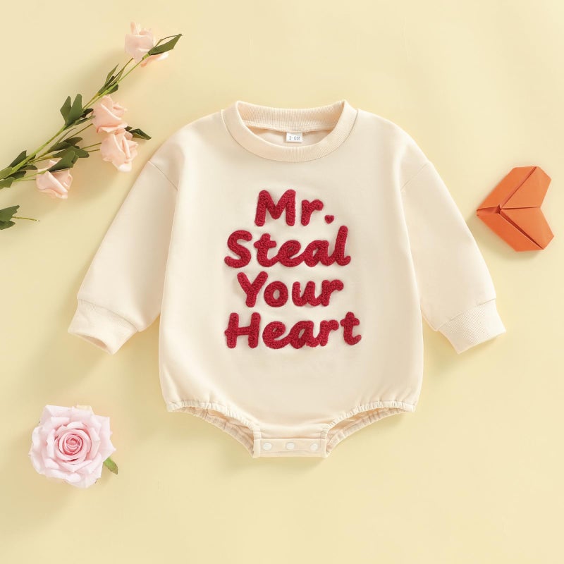 Lucikamy Newborn Baby Boy Girl Valentine's Day Outfits Sweatshirt Romper Infant Long Sleeve One Piece Romper Spring Clothes (beige steal heart, 0-3 Months) - Image 4