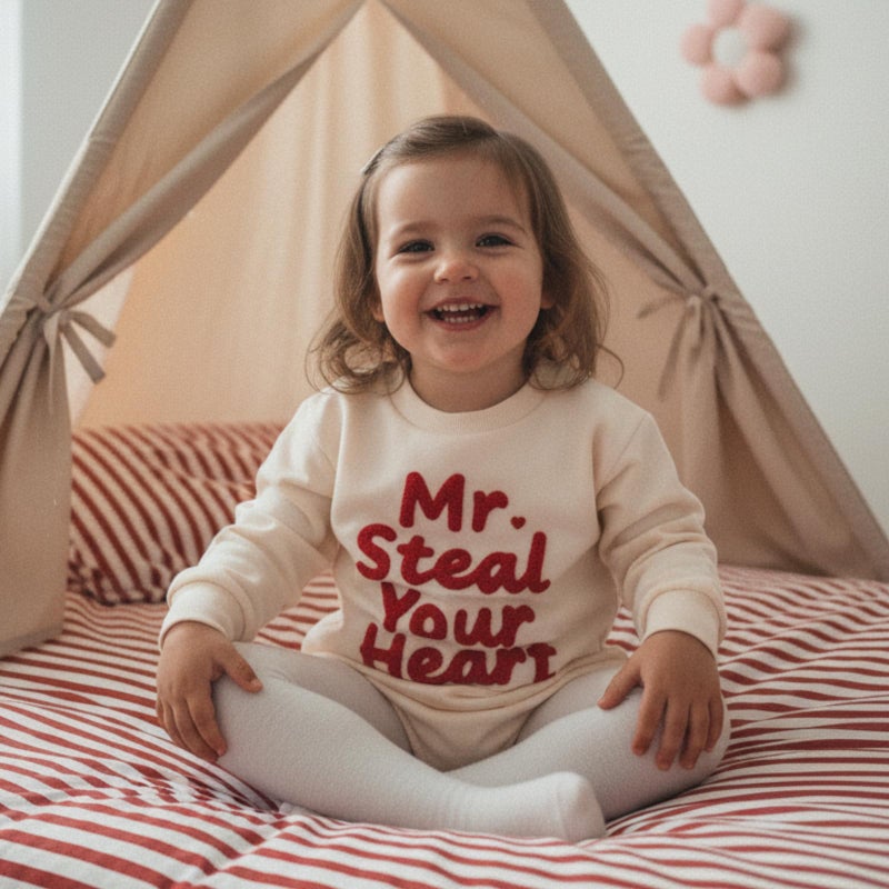 Lucikamy Newborn Baby Boy Girl Valentine's Day Outfits Sweatshirt Romper Infant Long Sleeve One Piece Romper Spring Clothes (beige steal heart, 0-3 Months) - Image 3