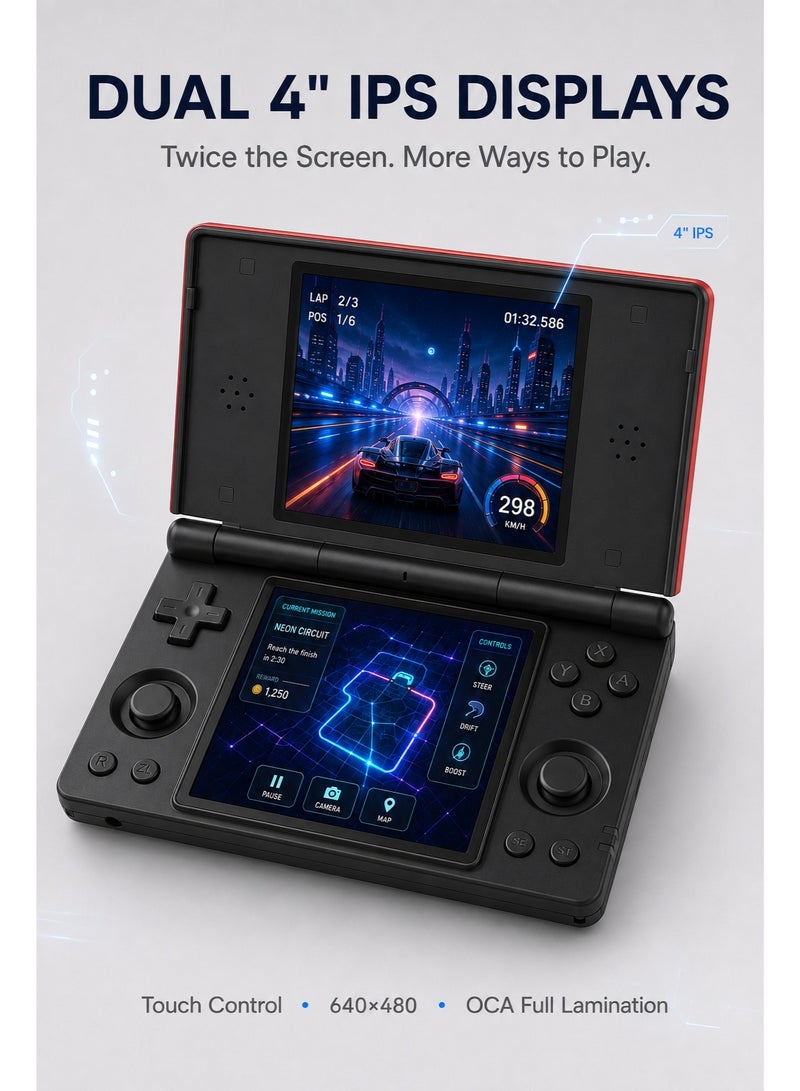 ANBERNIC RG DS Dual-Screen Handheld Game Console, Android 14, Dual 4-Inch IPS Touchscreens, RK3568, 3GB+32GB, 128GB TF Card, Wi-Fi, Bluetooth, 4000mAh, Black - Image 2