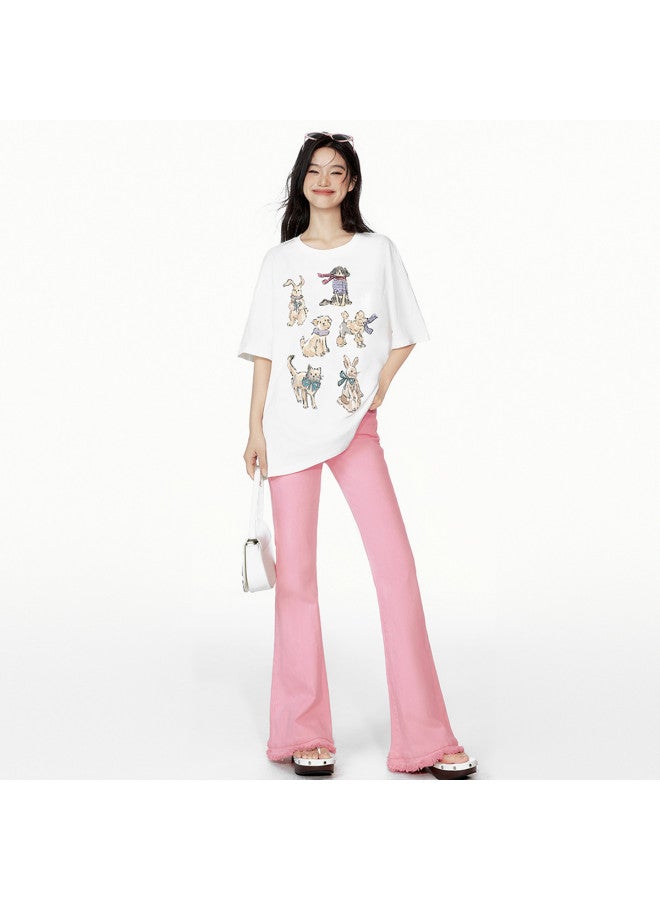 EPTISON Women's Short Sleeve T-shirt - Summer Cartoon Hand-drawn Print, Cotton Loose Fit Casual Round Neck Top - Image 4