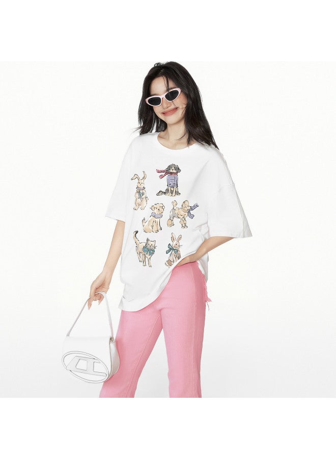 EPTISON Women's Short Sleeve T-shirt - Summer Cartoon Hand-drawn Print, Cotton Loose Fit Casual Round Neck Top - Image 3