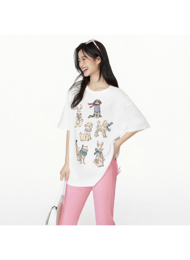 EPTISON Women's Short Sleeve T-shirt - Summer Cartoon Hand-drawn Print, Cotton Loose Fit Casual Round Neck Top - Image 2