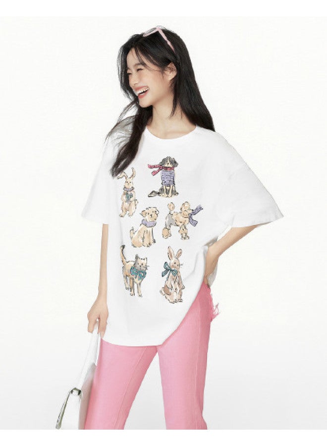 EPTISON Women's Short Sleeve T-shirt - Summer Cartoon Hand-drawn Print, Cotton Loose Fit Casual Round Neck Top - Image 1