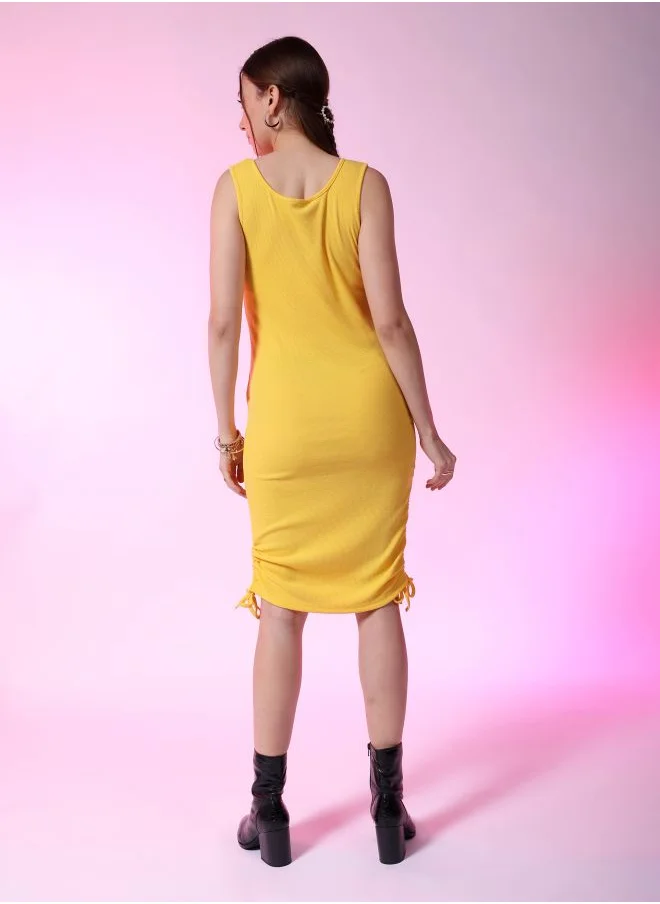Freehand Women Bodycon Casual Solid Ruched Rib Dress