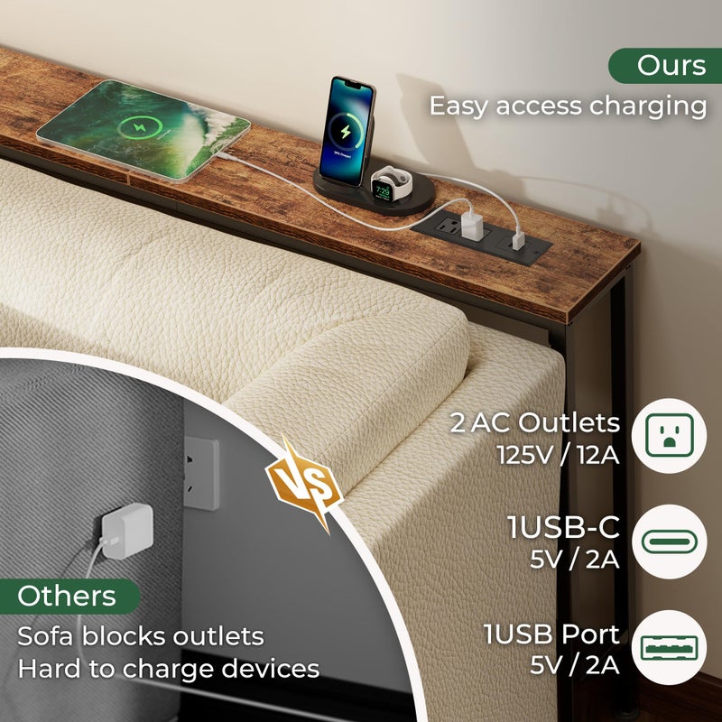 SUPERJARE 51.2 Inch Sofa Table with Power Outlet and USB-C Port, 5.9 Inch Narrow Console Table, Entryway Hallway Couch Table with Storage, Behind Sofa, Small Spaces, Living Room, Rusitc Brown - Image 4