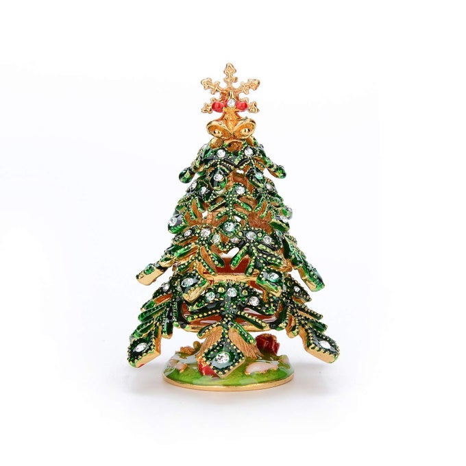 HAND PAINTED ENAMELED SMALL CHRISTMAS TREE DECORATIVE JEWELRY TRINKET BOX WITH HINGED UNIQUE GIFT FOR FAMILY