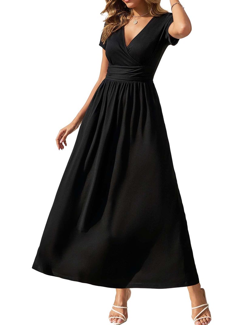 Gracyoga Womens Black Empire Waist Dress Fall Midi Smocked Swing Dresses Vintage V Neck High Waist Casual Long Dinner Outfit for Teacher L - Image 1