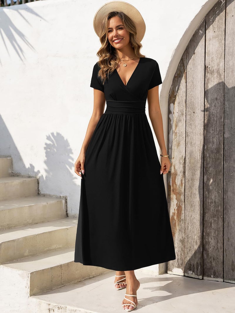 Gracyoga Womens Black Empire Waist Dress Fall Midi Smocked Swing Dresses Vintage V Neck High Waist Casual Long Dinner Outfit for Teacher L - Image 3