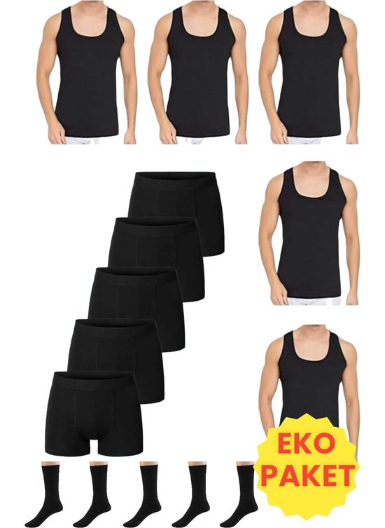 Men's 15 Piece Economic Package Undershirt Boxer and Socks Set 5 Undershirt 5 Boxers 5 Pairs of Socks