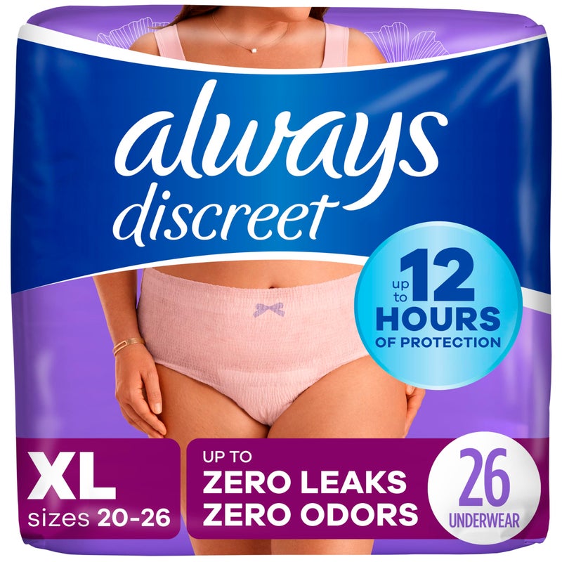 Always Discreet Adult Diapers for Women, Incontinence Underwear, Postpartum Essentials, Disposable Briefs, Max Absorbency, Bladder Leak Protection, Extra Large/XL, 26ct - Image 1