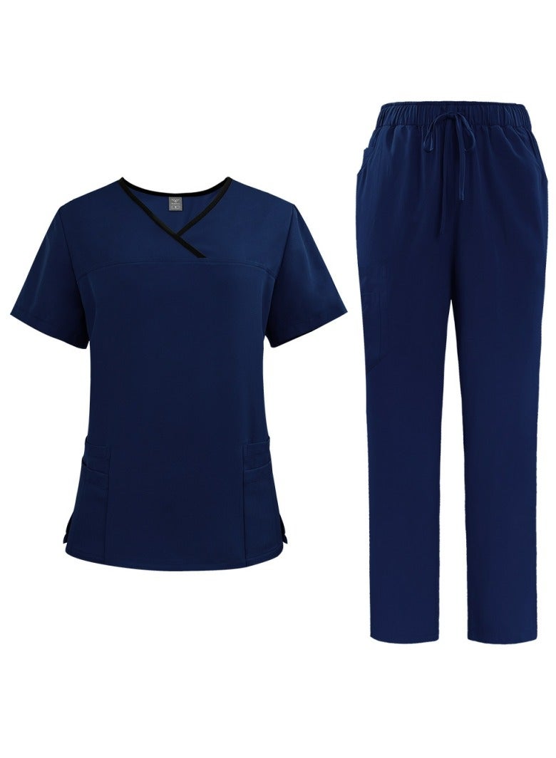 Loquat Womens Medical Uniform Scrubs 2 Piece Set V-Neck Top and Elastic Waist Straight Pants Suit Navy Blue