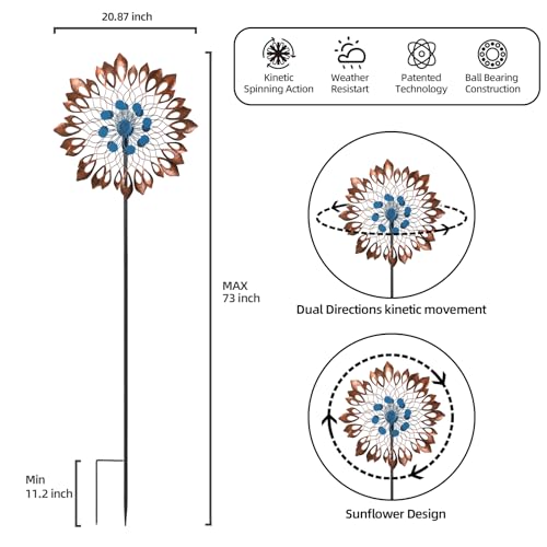 FAHKNS Garden Wind Spinners 360°, Outdoor Metal Windmill Yard Spinners 73 Inch Height Dual Directions Twin Rotor Wind with Kinetic, Wind Spinner Outdoor for Yard and Garden Art Decor - Image 3