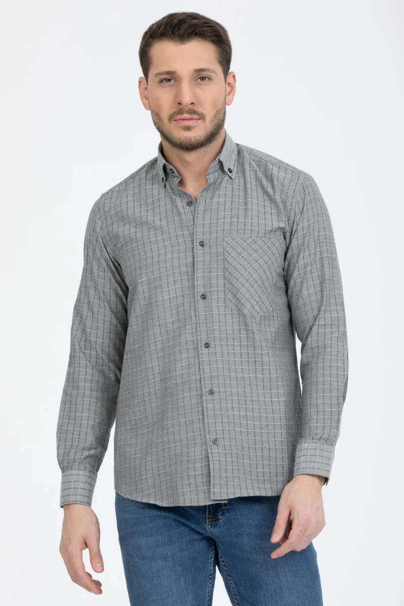 Varetta Men's Gray Checked Long Sleeve Pocket Collar Buttoned Shirt