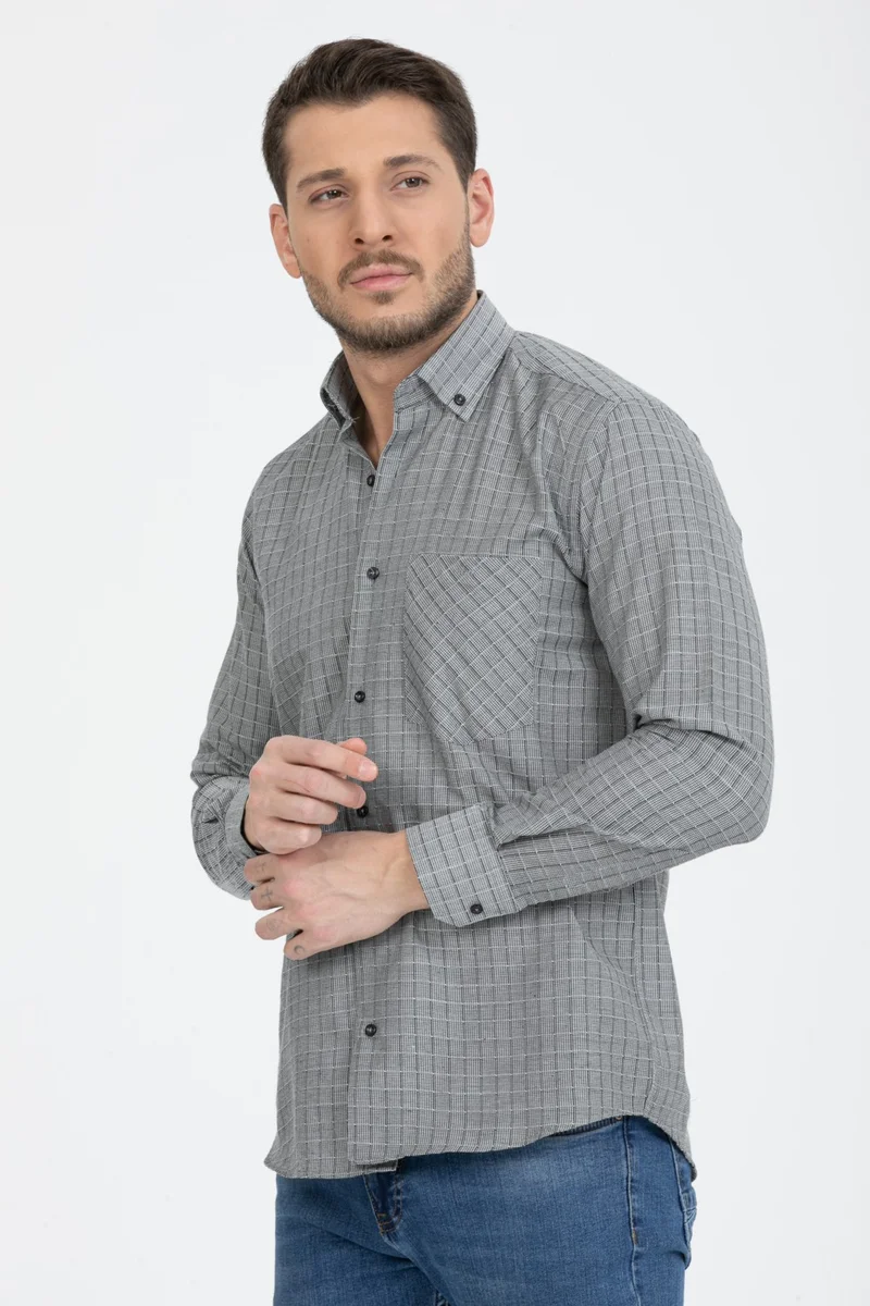 Varetta Men's Gray Checked Long Sleeve Pocket Collar Buttoned Shirt