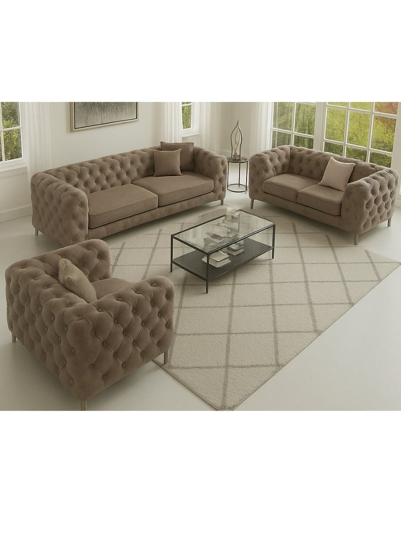 Maharat Al Bahar Maharat Furniture Luxury Chesterfield Sofa Set – 3-Piece Mink Tufted Velvet Living Room Set with Armchair, Loveseat & Sofa – Elegant Modern Design with Metal Legs - Image 1