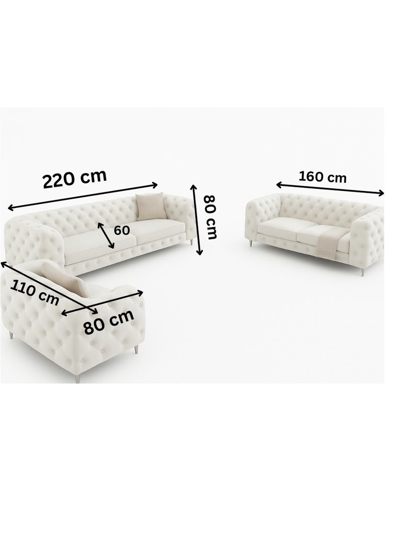 Maharat Al Bahar Maharat Furniture Luxury Chesterfield Sofa Set – 3-Piece Mink Tufted Velvet Living Room Set with Armchair, Loveseat & Sofa – Elegant Modern Design with Metal Legs - Image 2