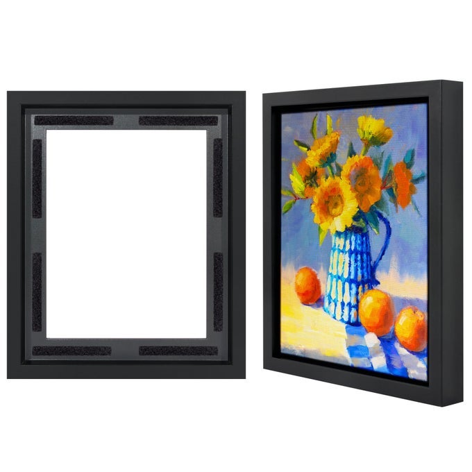 8X10 CANVAS FLOATING FRAME WITH ADHESIVE STRIPS INCLUDED VERTICAL AND HORIZONTAL FLOATING FRAME FOR ARTWORK CANVAS FRAMES FOR WALL DISPLAY BLACK
