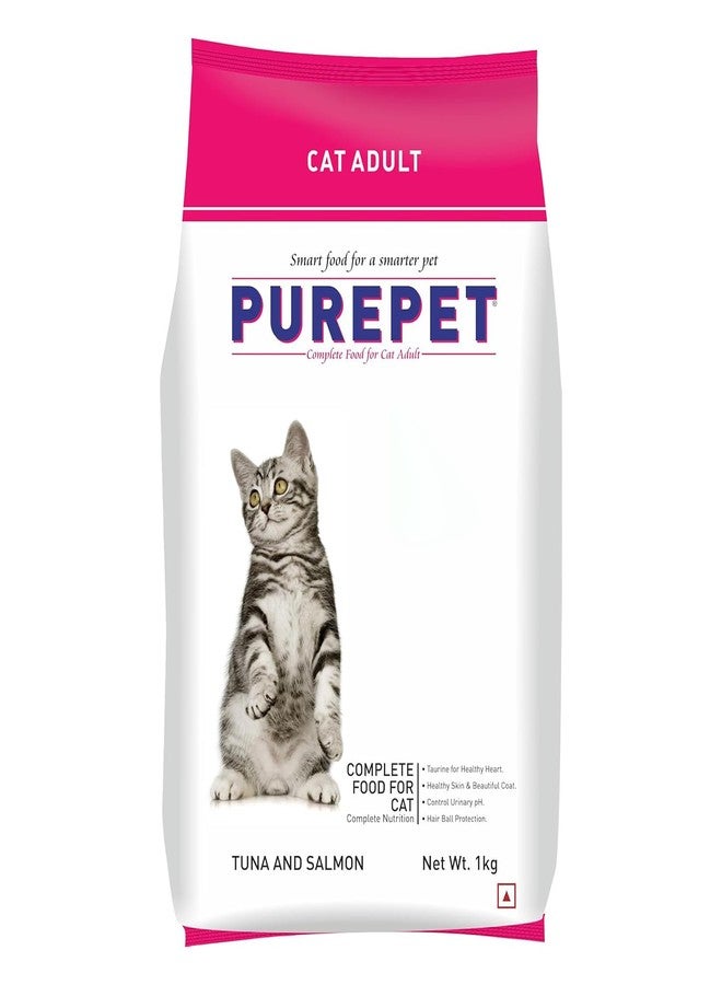 Purepet Adult Dry Cat Food 1 kg Pack | Tuna & Salmon Flavour | Hair Ball Protection | Heart Care | Skin Health | Taurine for Healthy Heart - Image 1