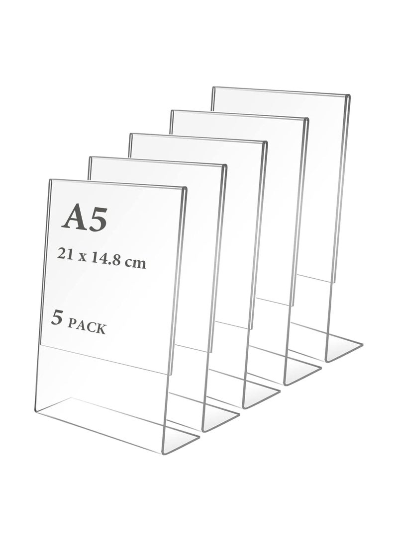 TPGP A5 Acrylic Sign Holder, 5 Pcs Acrylic Poster Menu Holder, Clear Plastic Display Holders, L-Shape Perspex Leaflet Table Menu Display Stands for Restaurant Store Hotel Office Stall Exhibition - Image 1