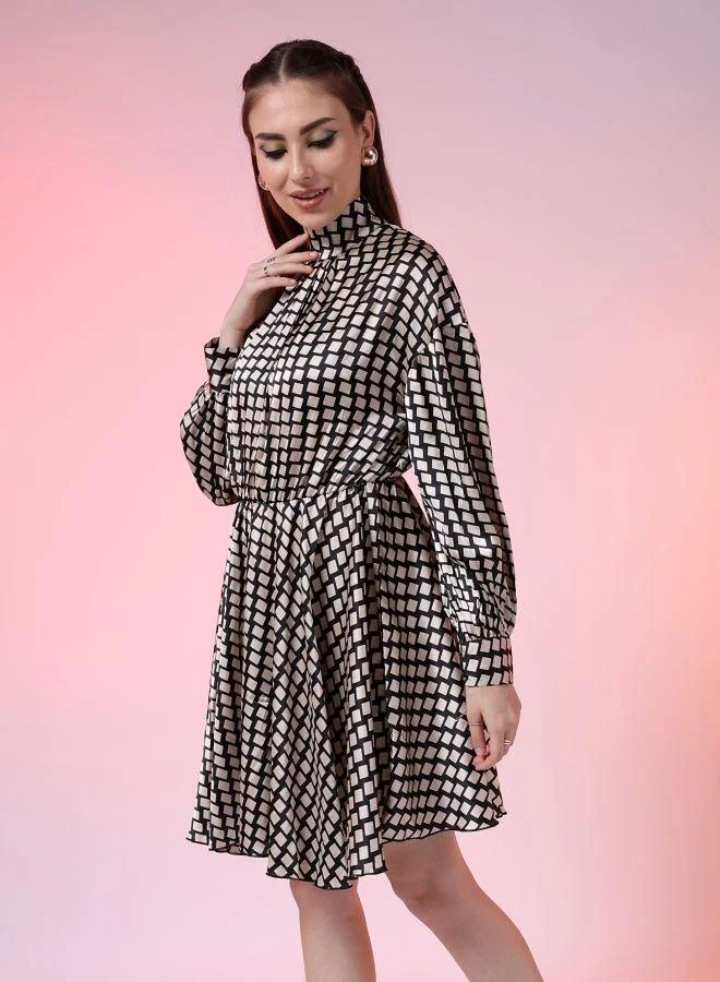 Freehand  Women Flared Party Wear Geometric Print Round Neck Dress for Women | Best Price UAE