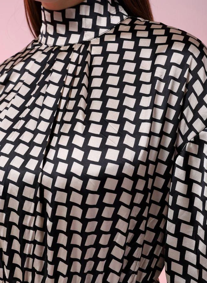 Freehand  Women Flared Party Wear Geometric Print Round Neck Dress for Women | Best Price UAE