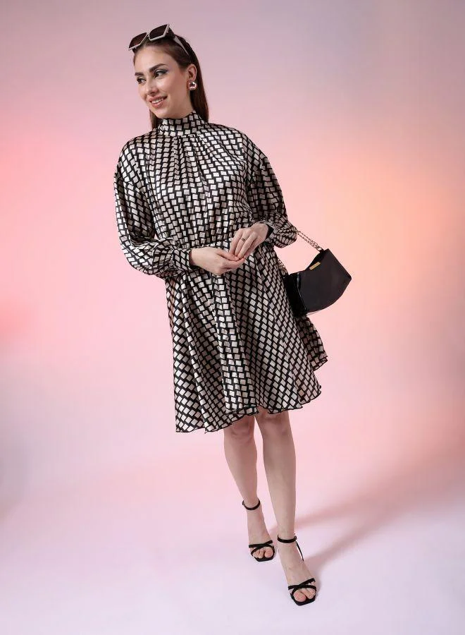 Women Flared Party Wear Geometric Print Round Neck Dress