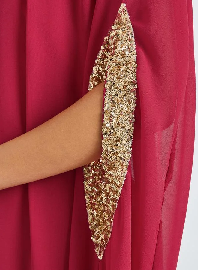 Styli magenta Red Sequined Kaftan Maxi Dress for Women | Best Price UAE