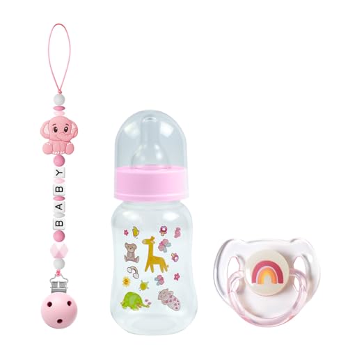 SCOM Reborn Baby Dolls Accessories Set Rainbow Transparent Magnetic Pacifiers Removable Reusable Baby Doll Bottles with Silicone Pacifier Clips for Reborn Dolls Girls Pink Style 3 Pcs - Image 1