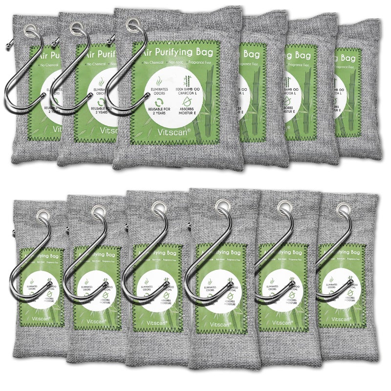 Vitscan 12 Pack Bamboo Air Purifying Bag, Activated Charcoal Bags Odor Absorber, Moisture Absorber, Natural Car Air Freshener, Shoe Deodorizer, Odor Eliminators For Home, Pet, Closet (6x50g, 6x150g)  - Image 1