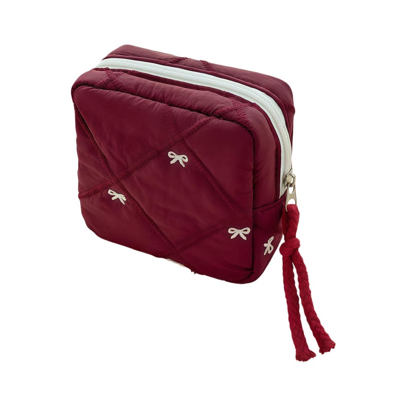 Red Quilted Fabric Sanitary Napkin Holder With Bow Decorated Travel Toiletry Cosmetic Bag - Image 2