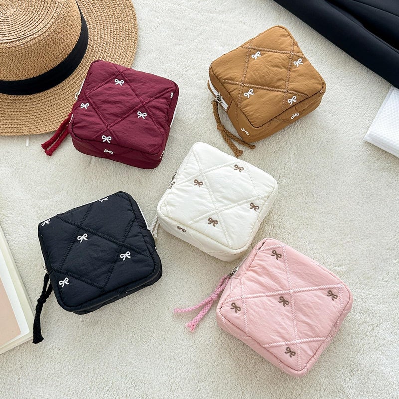 Red Quilted Fabric Sanitary Napkin Holder With Bow Decorated Travel Toiletry Cosmetic Bag - Image 3